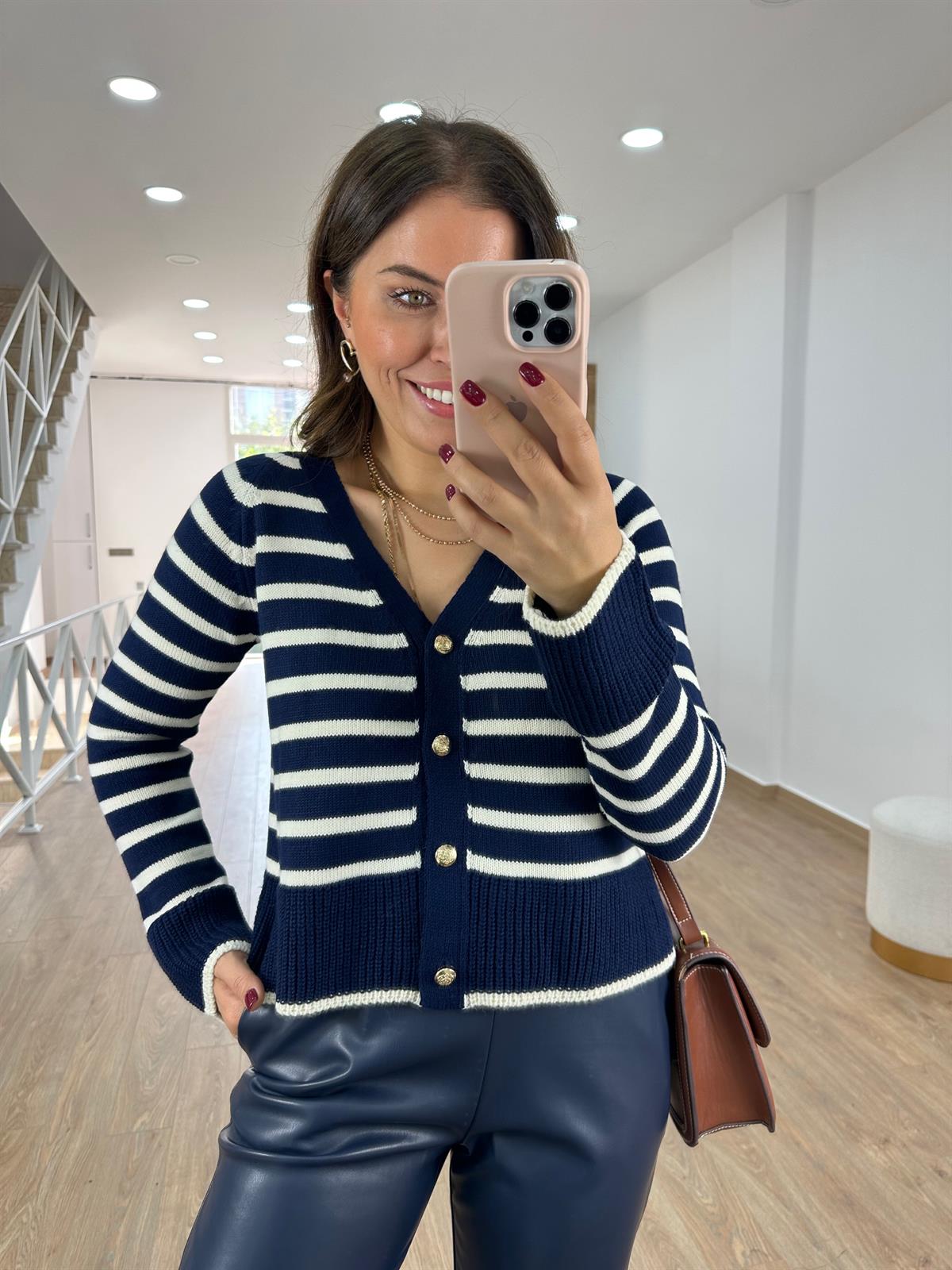 Gold Düğmeli Çizgili Triko Hırka-Lacivert