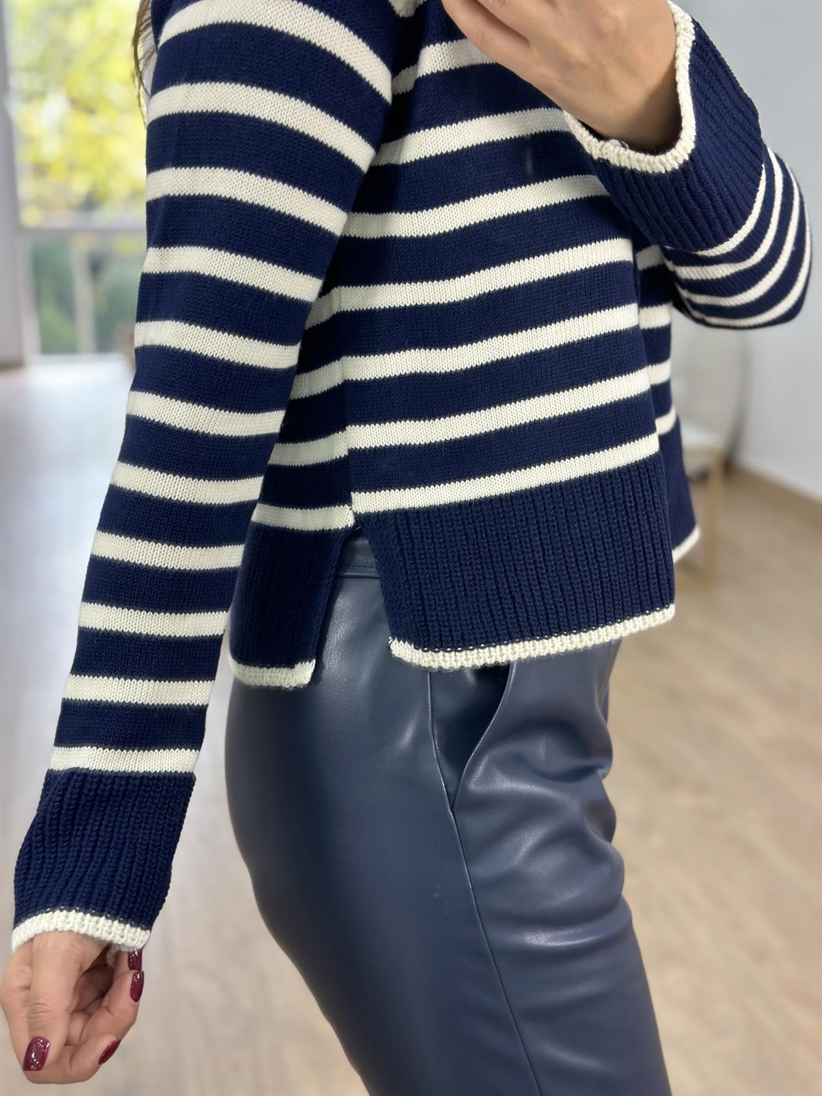 Gold Düğmeli Çizgili Triko Hırka-Lacivert