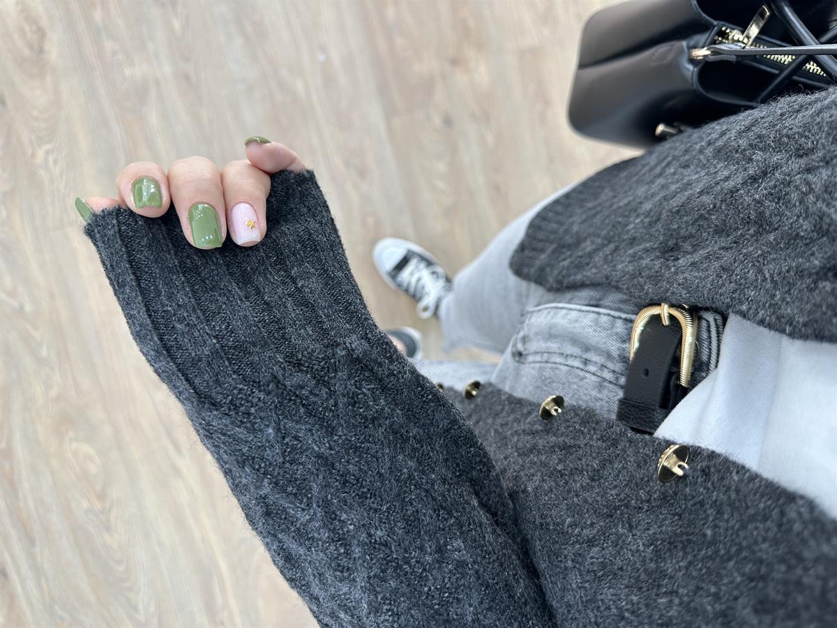 Gold Düğmeli Kabartmalı Yumoş Hırka- Antrasit