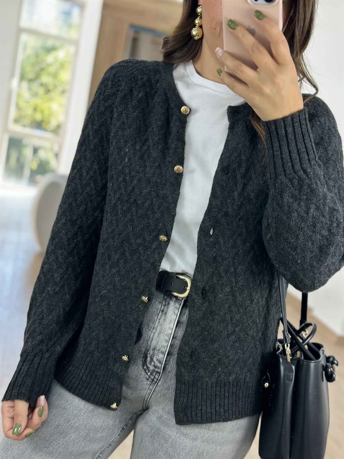 Gold Düğmeli Kabartmalı Yumoş Hırka- Antrasit