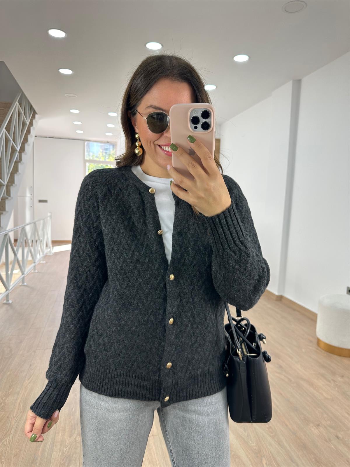 Gold Düğmeli Kabartmalı Yumoş Hırka- Antrasit