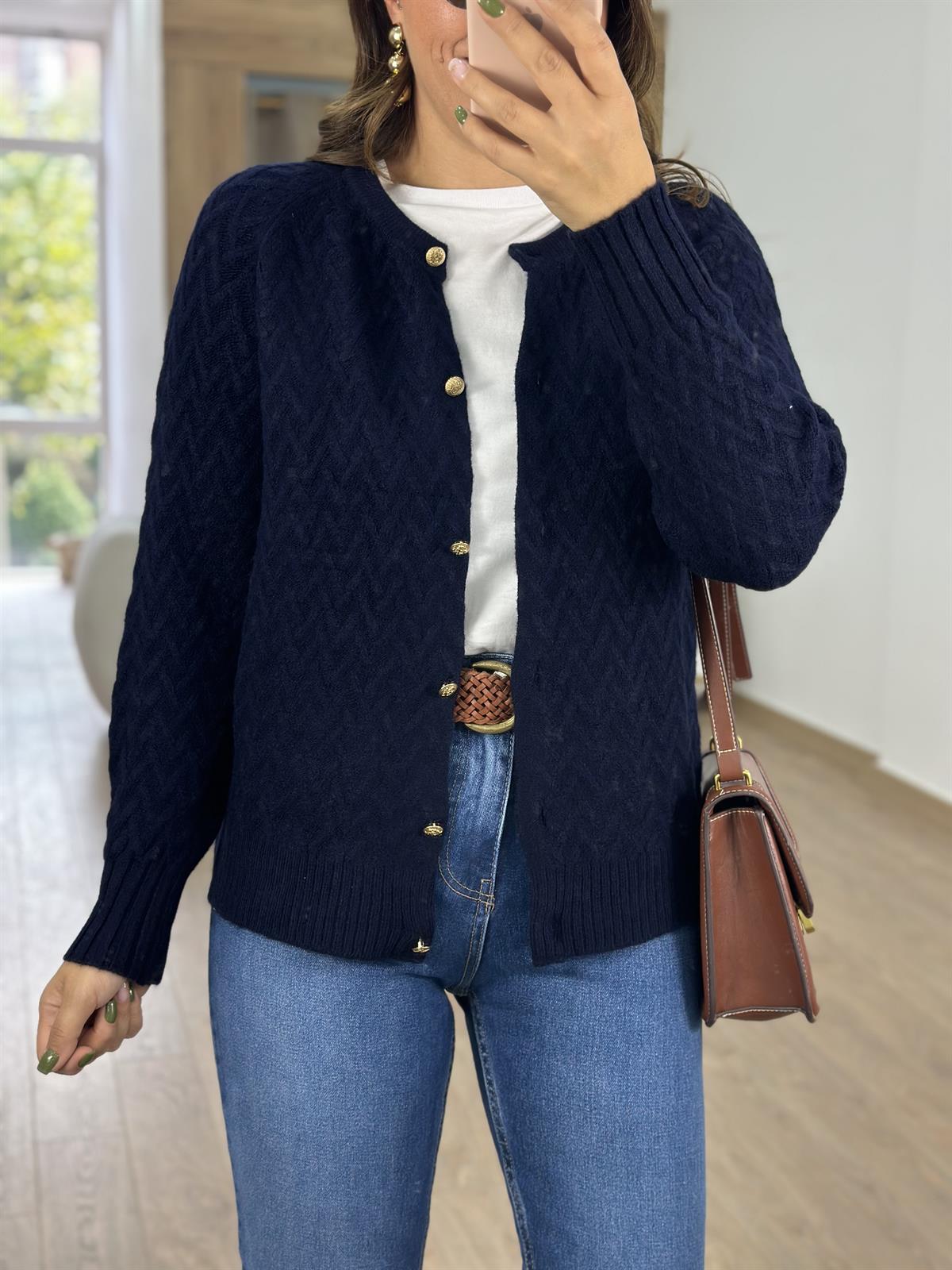 Gold Düğmeli Kabartmalı Yumoş Hırka-Lacivert