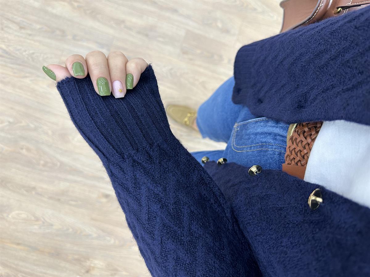 Gold Düğmeli Kabartmalı Yumoş Hırka-Lacivert