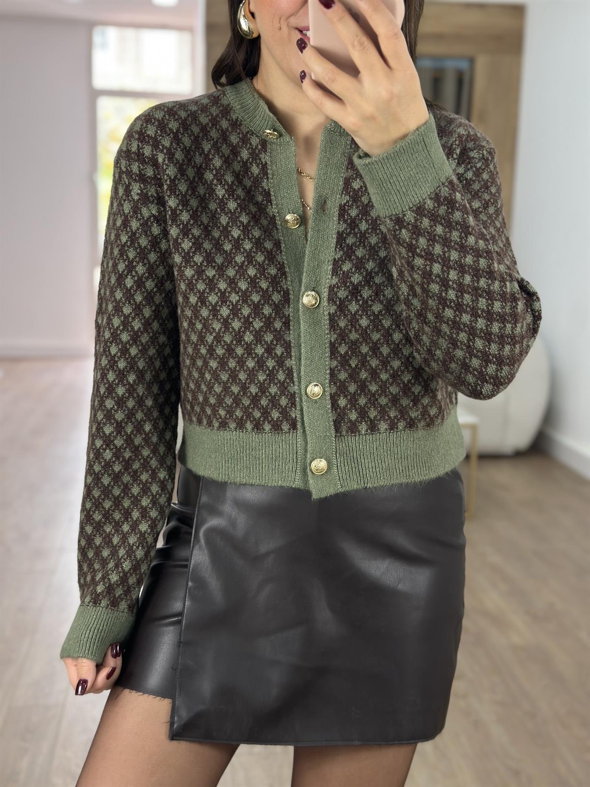 Gold Düğmeli Kahve Desenli Haki Hırka