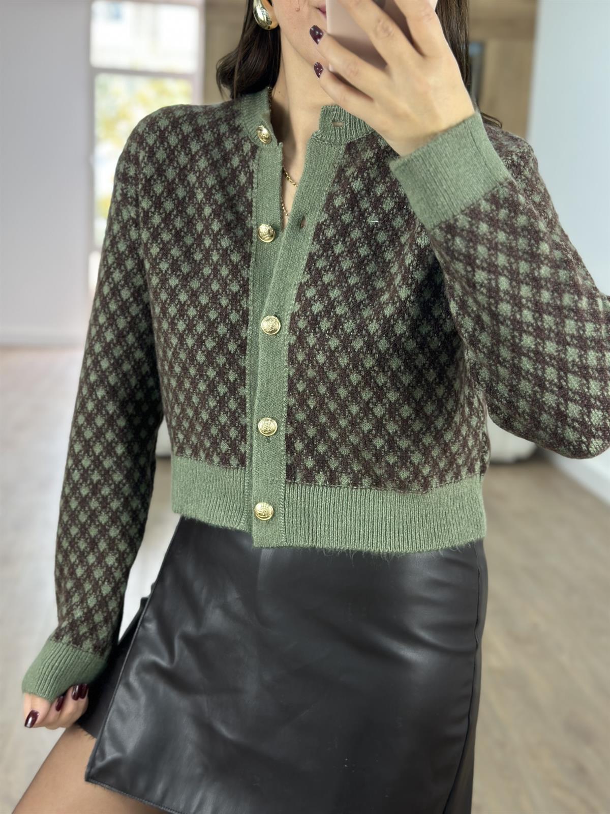 Gold Düğmeli Kahve Desenli Haki Hırka