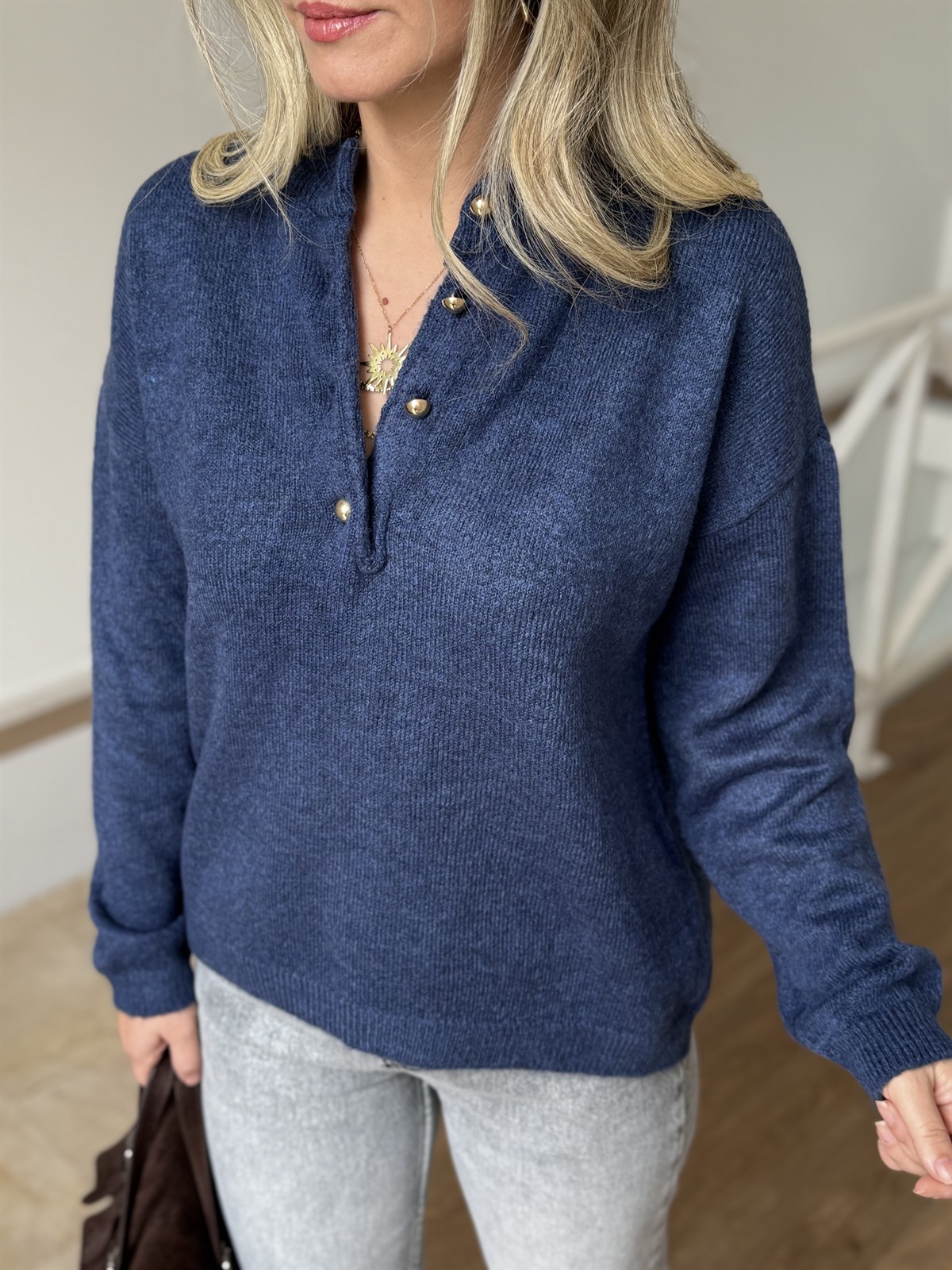 Gold Düğmeli Kazak - İndigo 