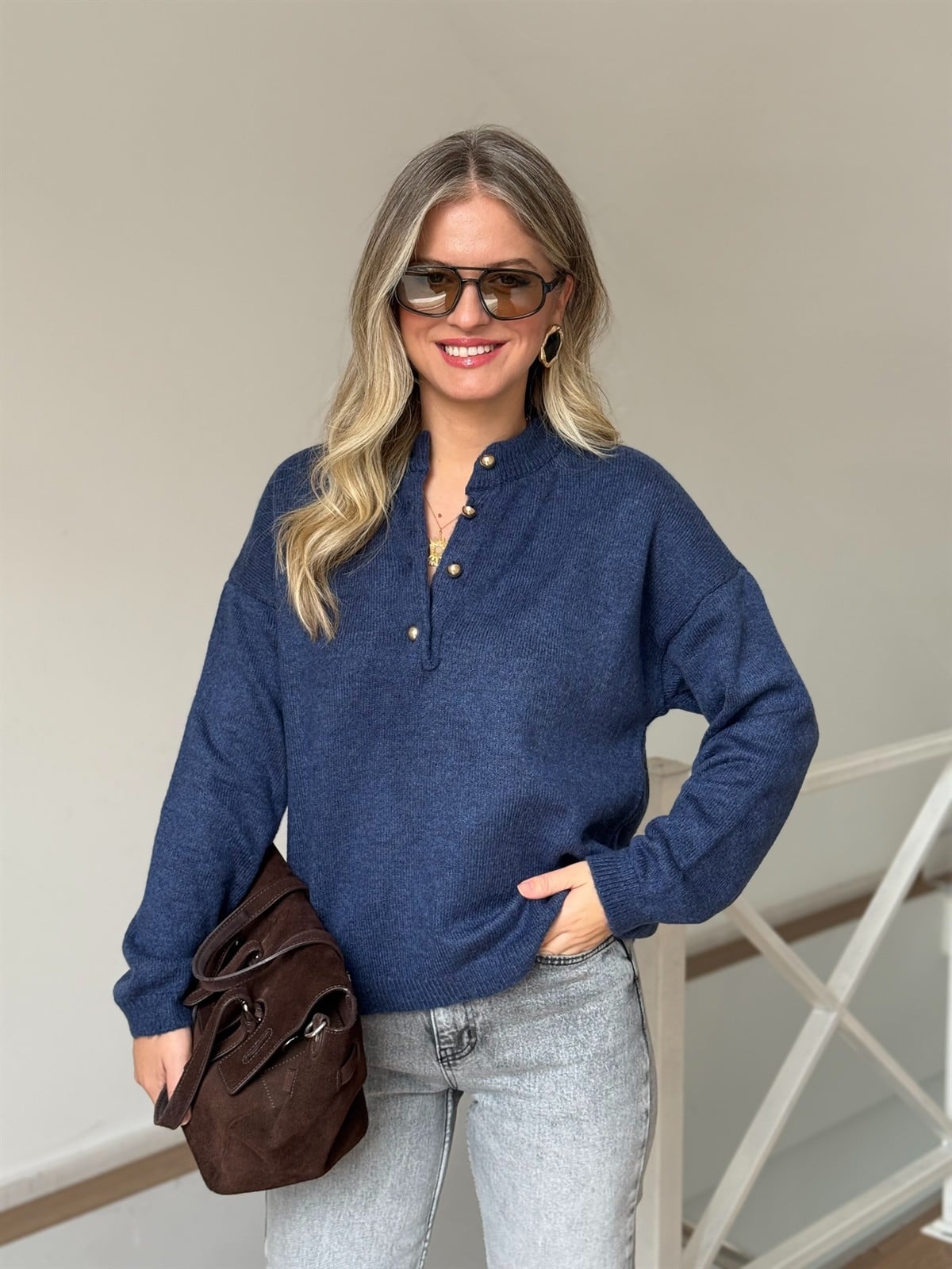 Gold Düğmeli Kazak - İndigo 