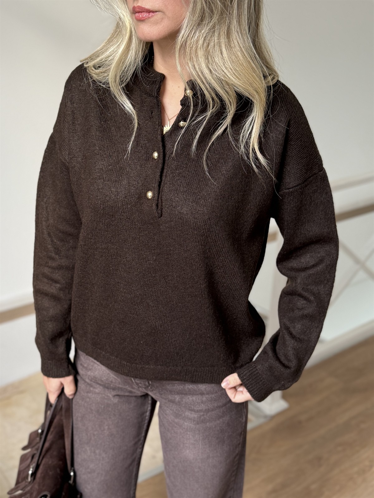 Gold Düğmeli Kazak - Kahverengi 