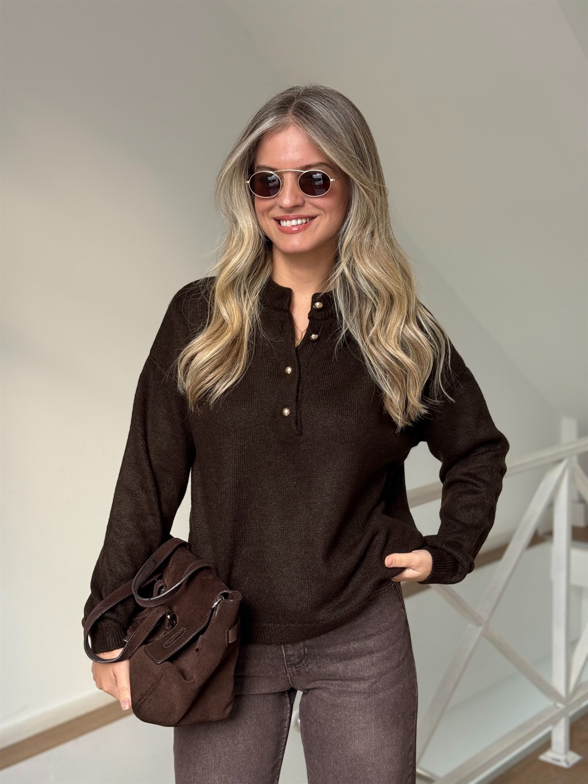 Gold Düğmeli Kazak - Kahverengi 