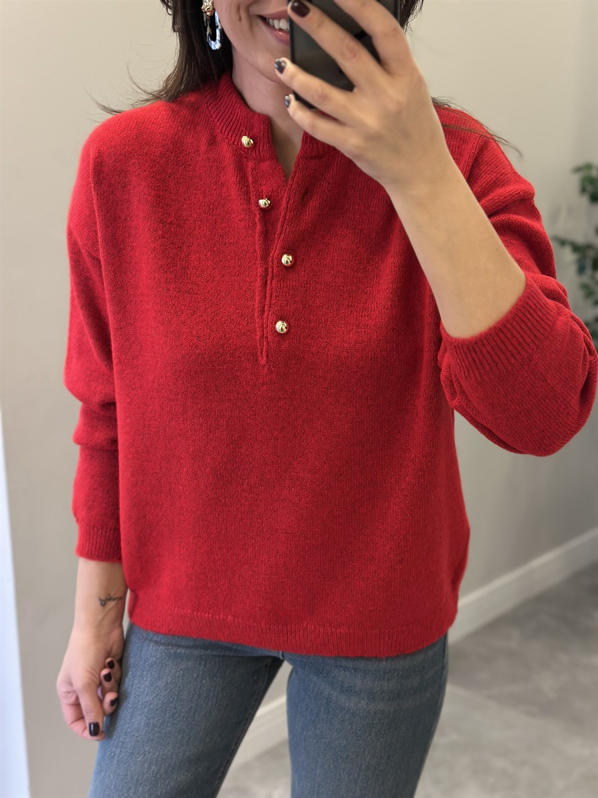 Gold Düğmeli Kazak - Kırmızı