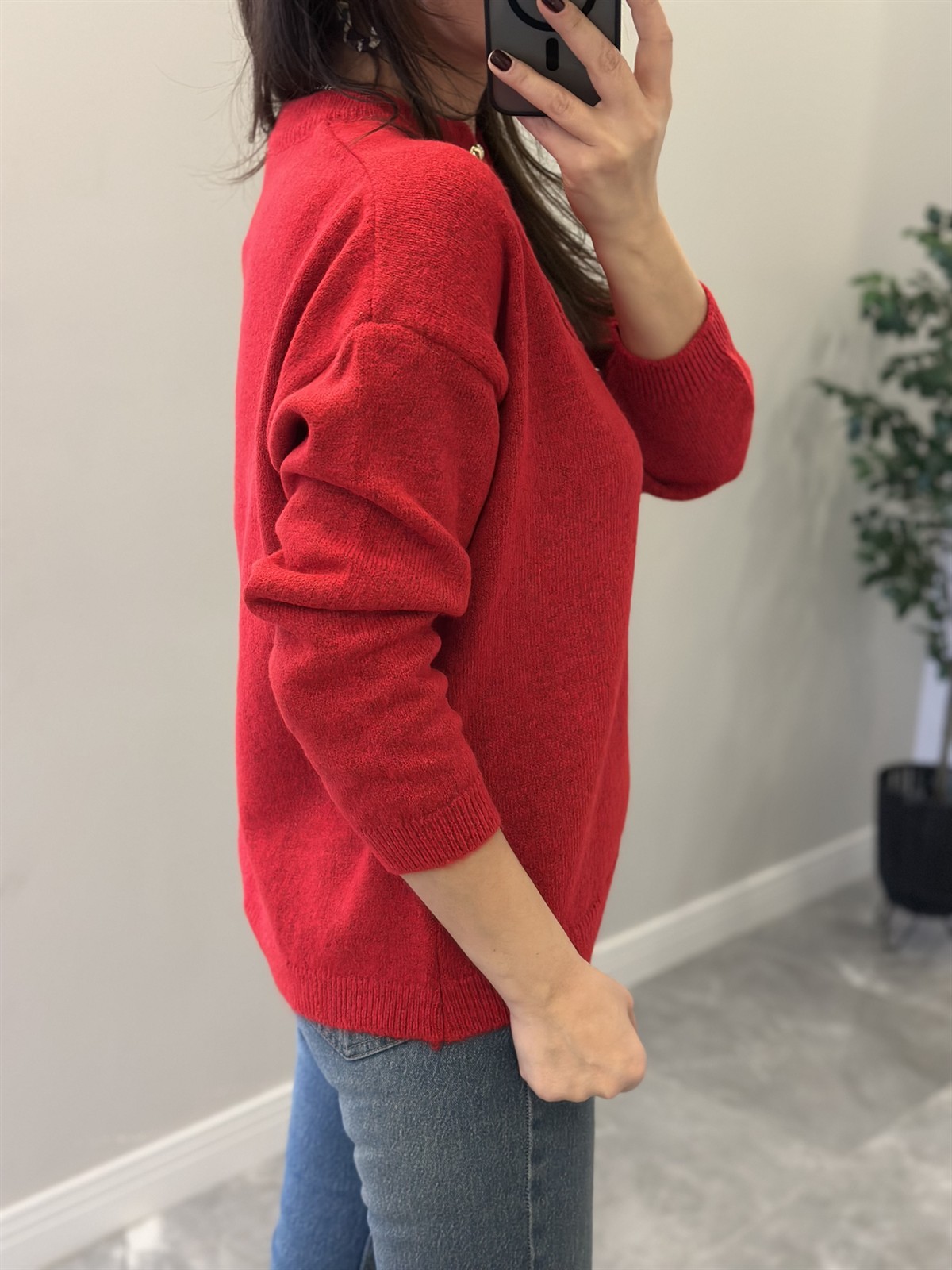 Gold Düğmeli Kazak - Kırmızı