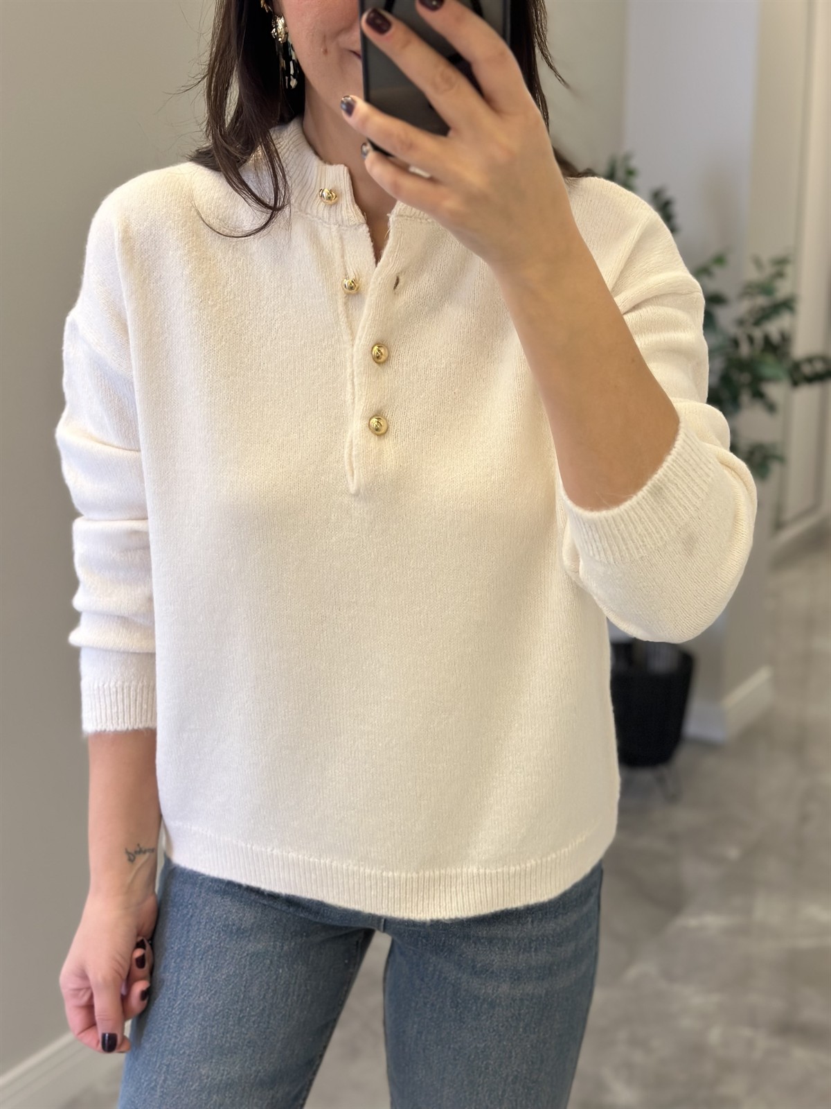 Gold Düğmeli Kazak - Krem