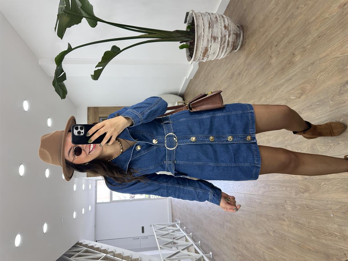 Gold Düğmeli Kemerli Tasarım Denim Elbise