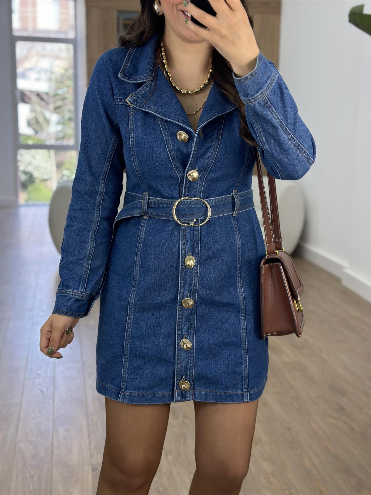 Gold Düğmeli Kemerli Tasarım Denim Elbise