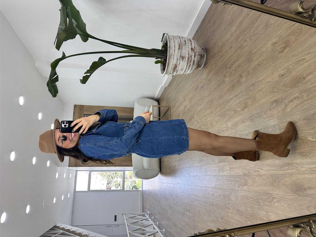 Gold Düğmeli Kemerli Tasarım Denim Elbise