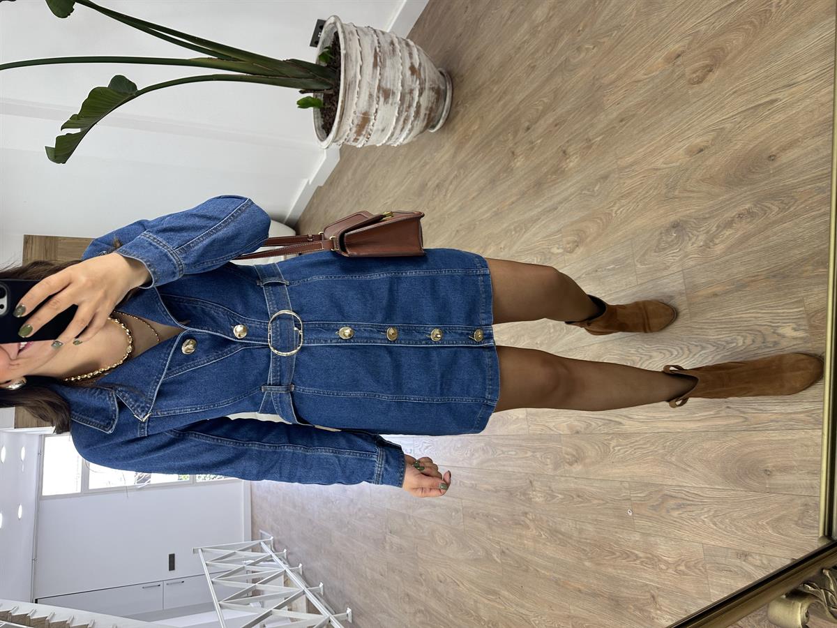 Gold Düğmeli Kemerli Tasarım Denim Elbise