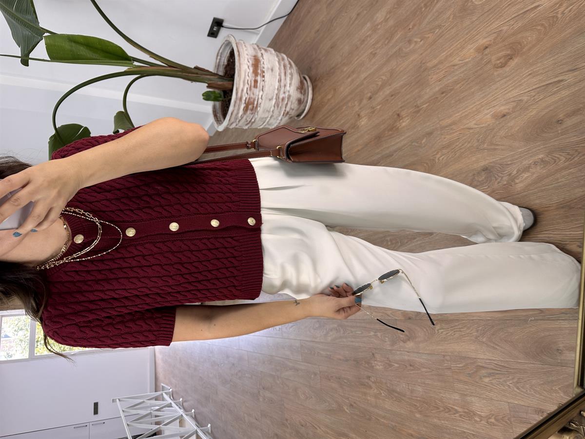 Gold Düğmeli Örgü Desenli Hırka - Bordo