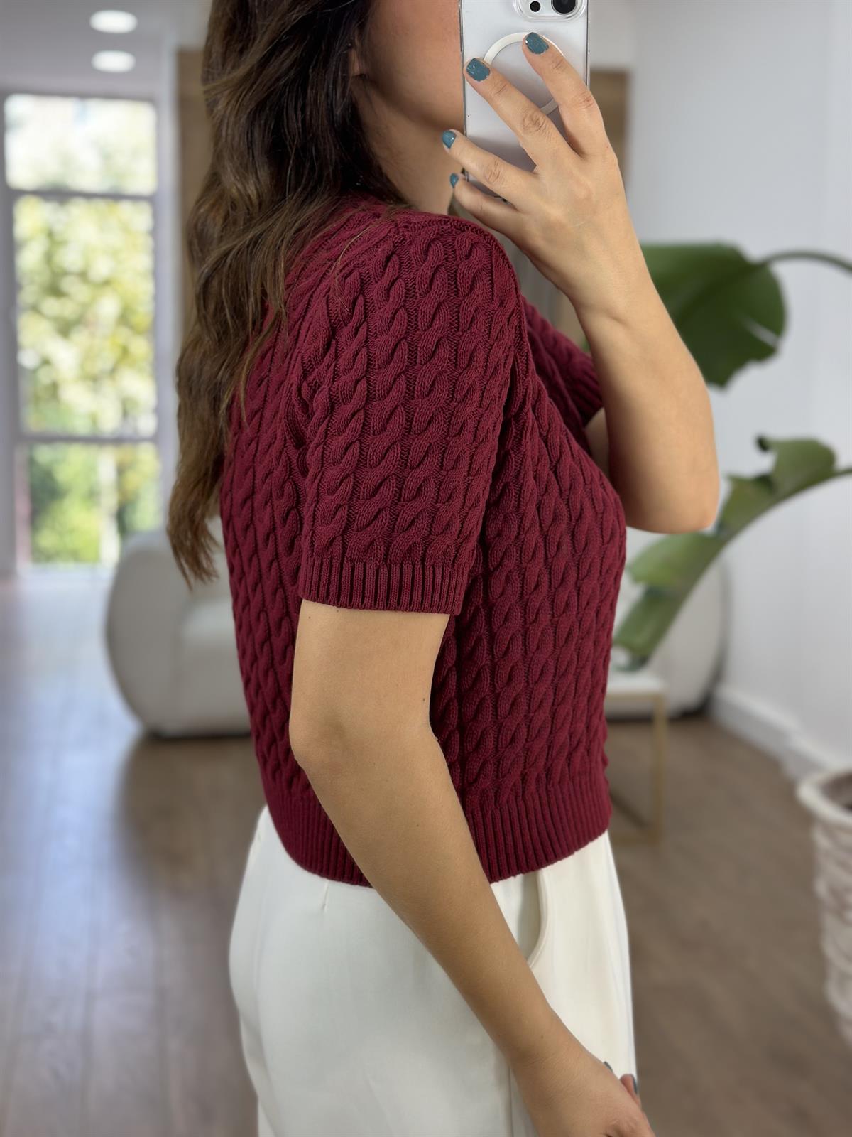 Gold Düğmeli Örgü Desenli Hırka - Bordo