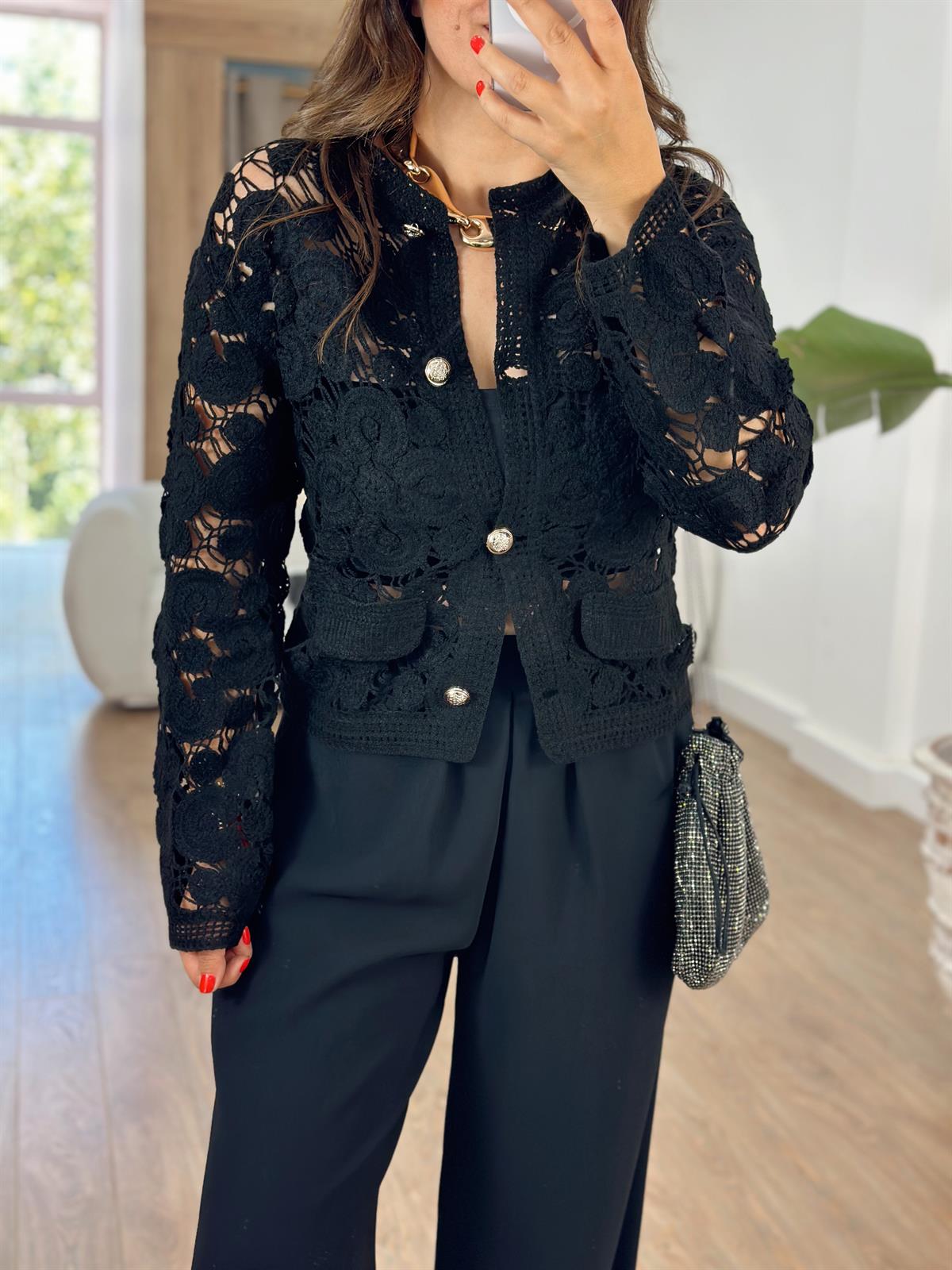 Gold Düğmeli Örme Hırka - Siyah