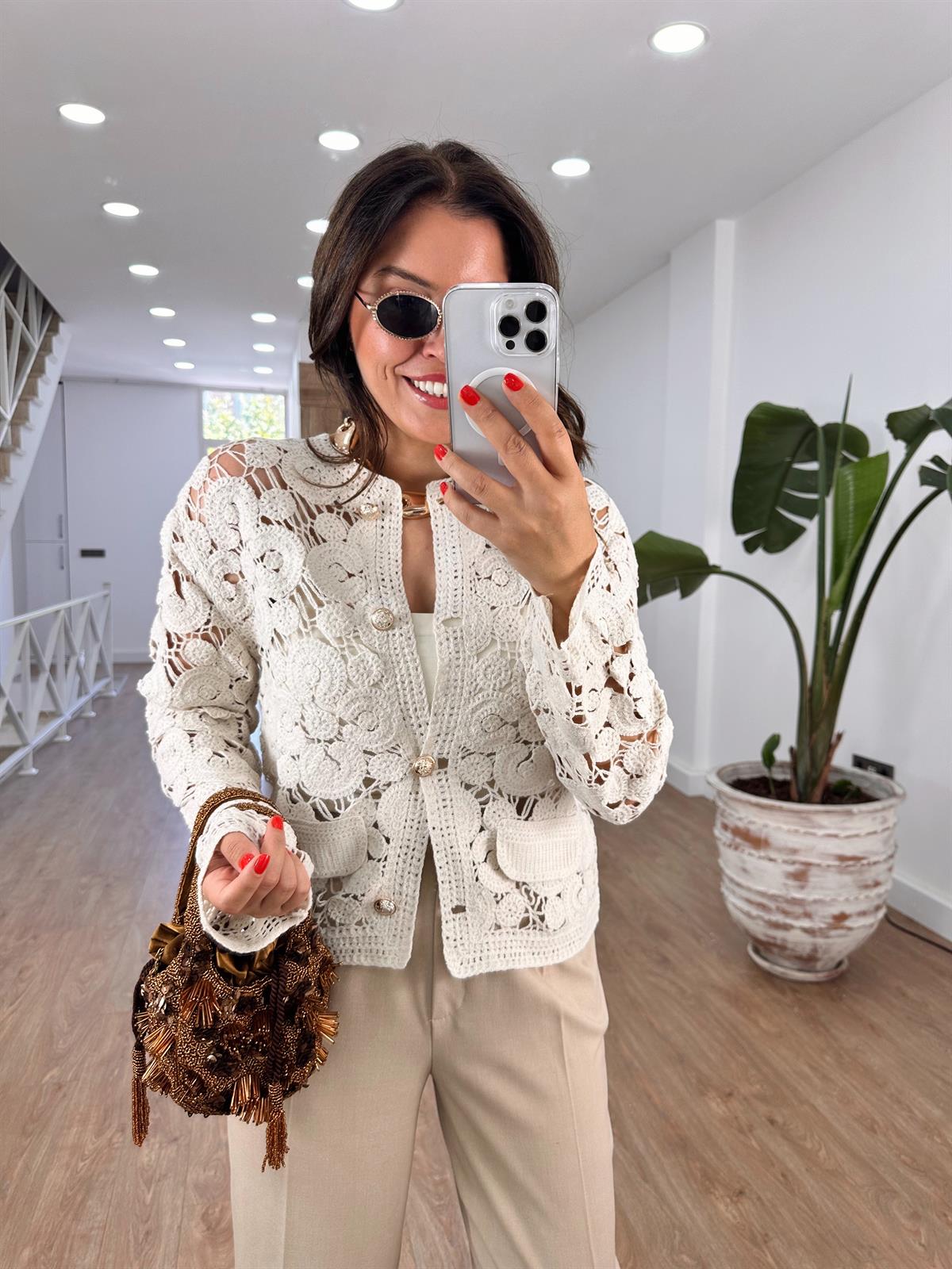 Gold Düğmeli Örme Hırka - Vizon