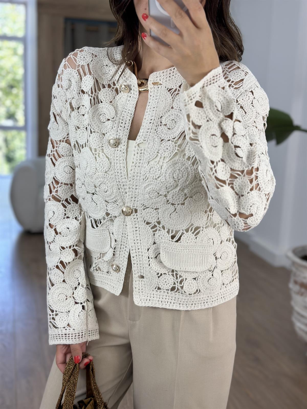 Gold Düğmeli Örme Hırka - Vizon