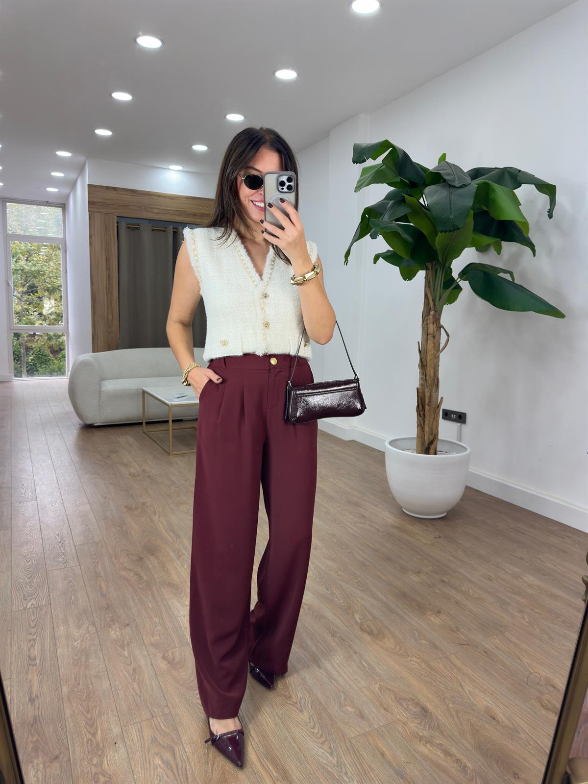 Gold Düğmeli Palazzo Pantolon - Bordo