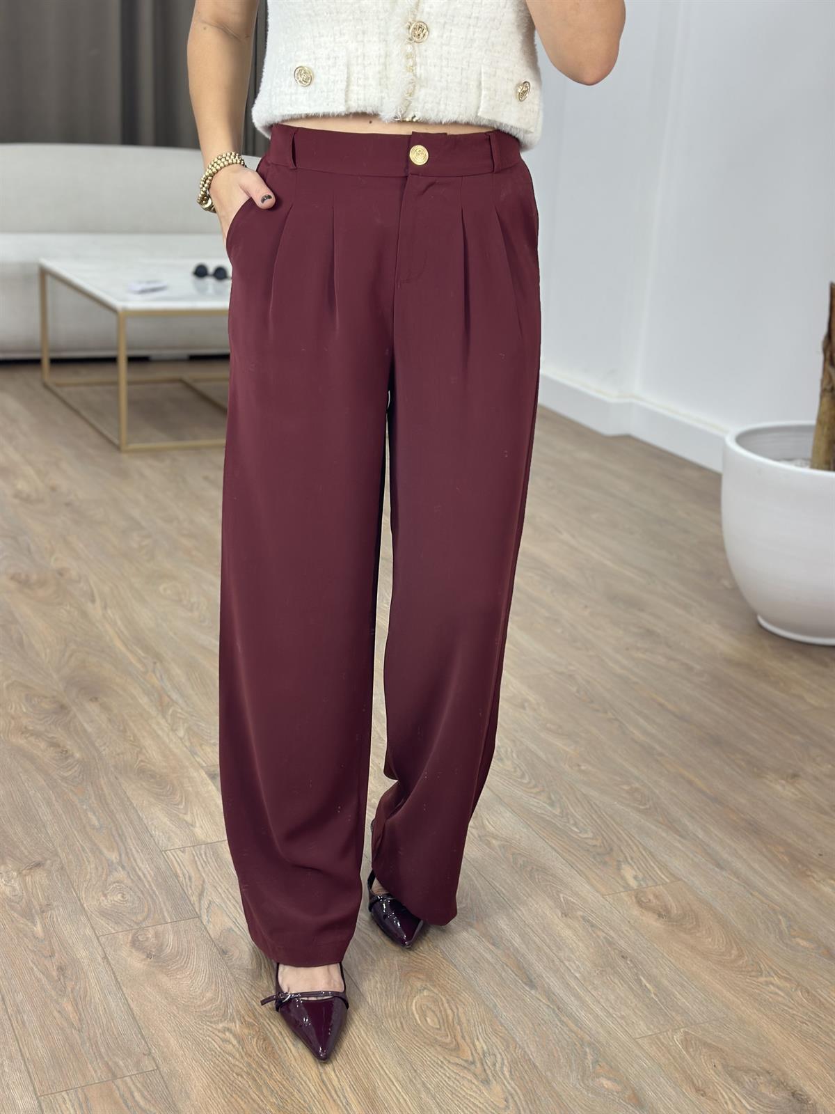 Gold Düğmeli Palazzo Pantolon - Bordo