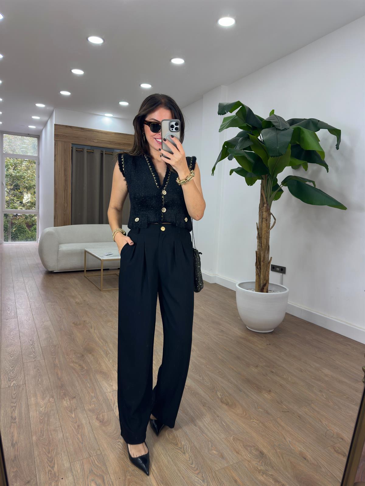 Gold Düğmeli Palazzo Pantolon - Siyah