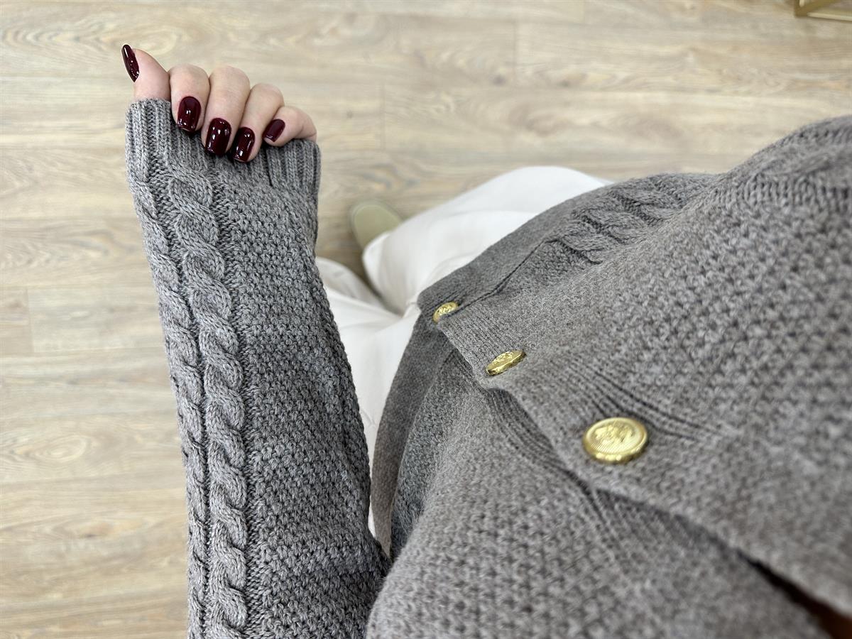 Gold Düğmeli Polo Yaka Saç Örgü Desen Hırka-Vizon