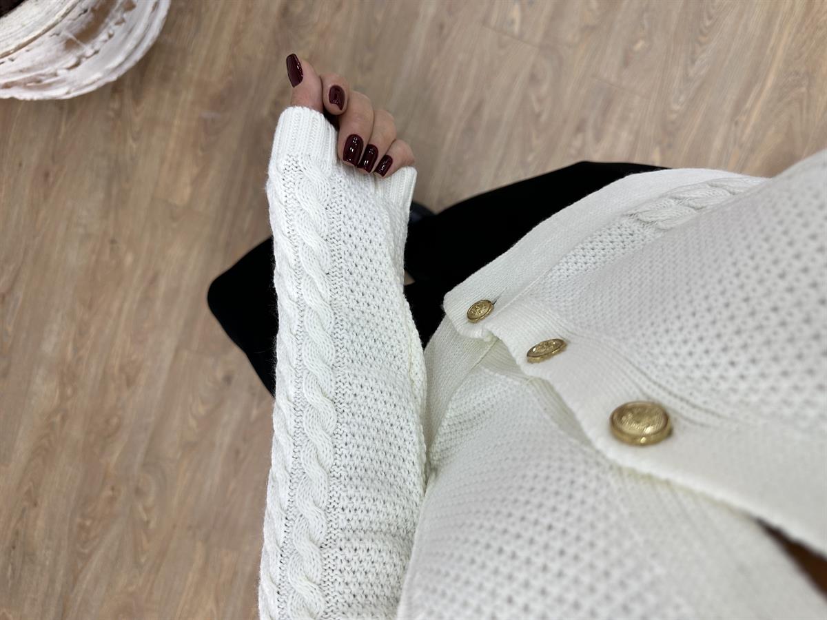 Gold Düğmeli Polo Yaka Saç Örgü Desen Hırka-Ekru