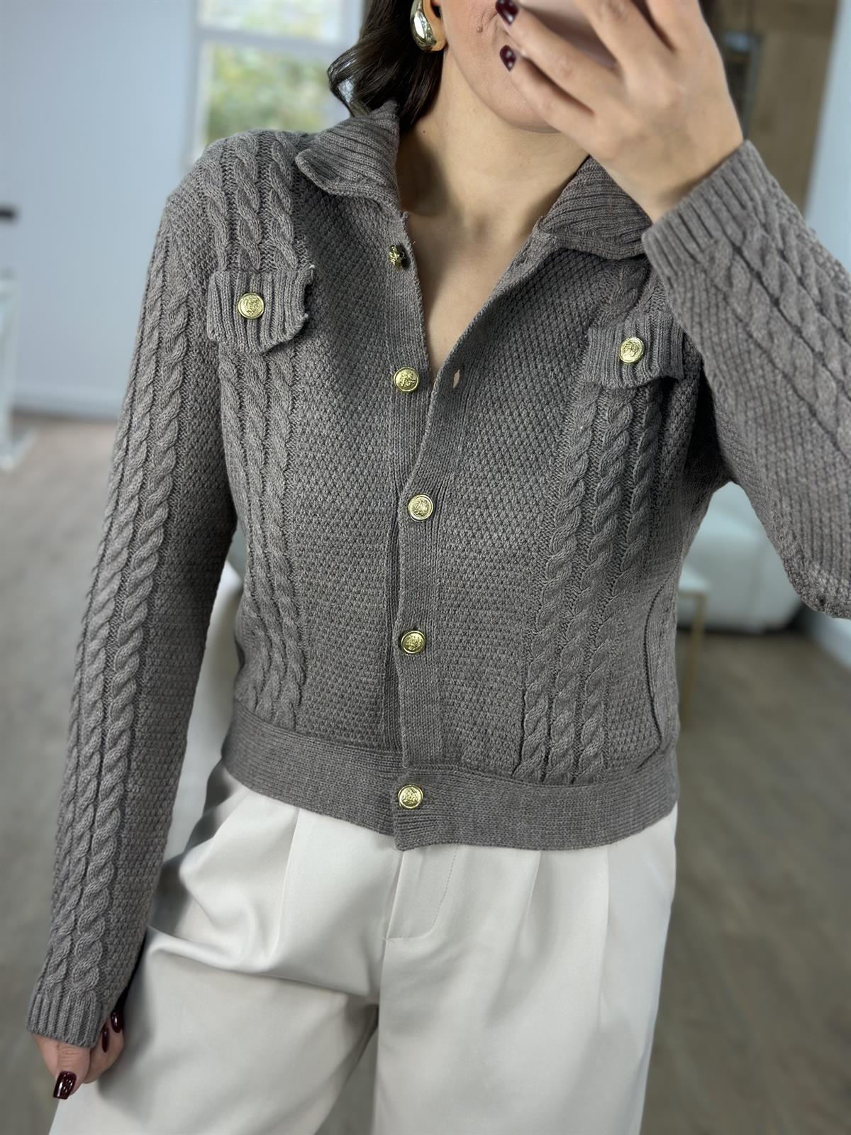 Gold Düğmeli Polo Yaka Saç Örgü Desen Hırka-Vizon