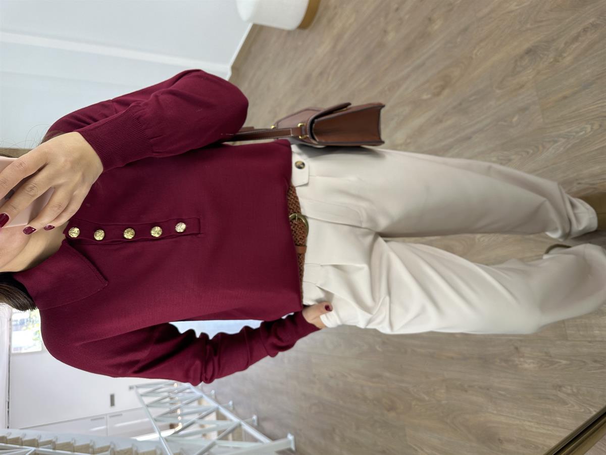 Gold Düğmeli Polo Yaka Triko-Bordo