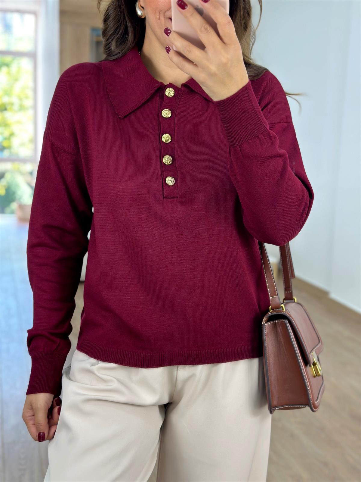 Gold Düğmeli Polo Yaka Triko-Bordo