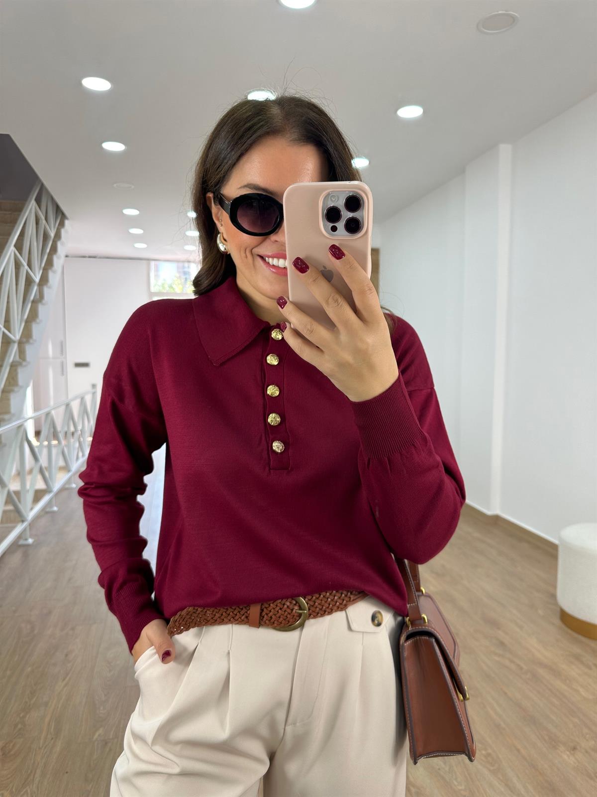 Gold Düğmeli Polo Yaka Triko-Bordo