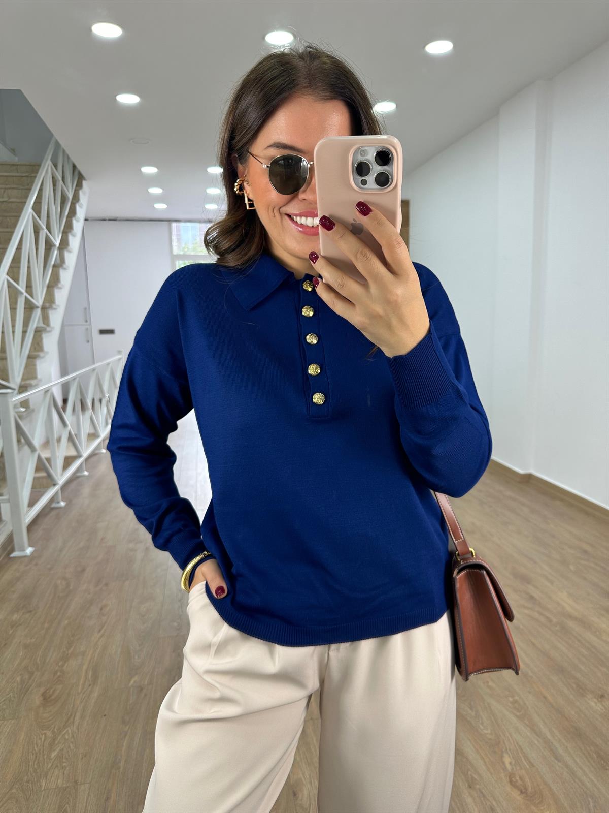 Gold Düğmeli Polo Yaka Triko-İndigo