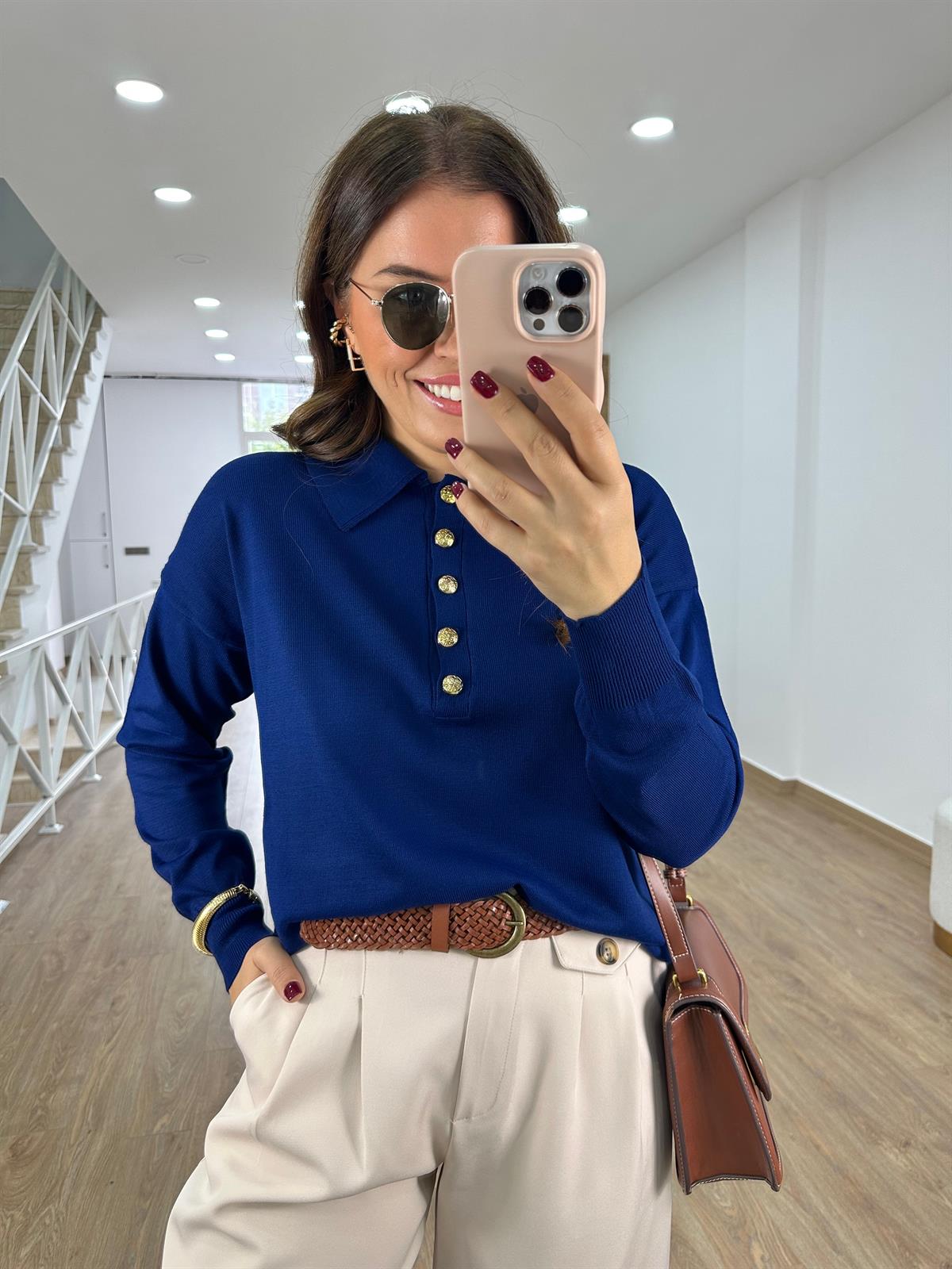 Gold Düğmeli Polo Yaka Triko-İndigo