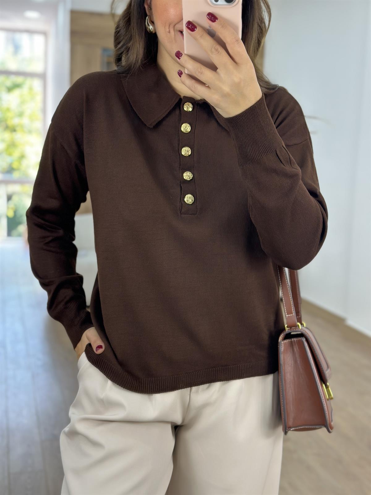 Gold Düğmeli Polo Yaka Triko-Kahverengi