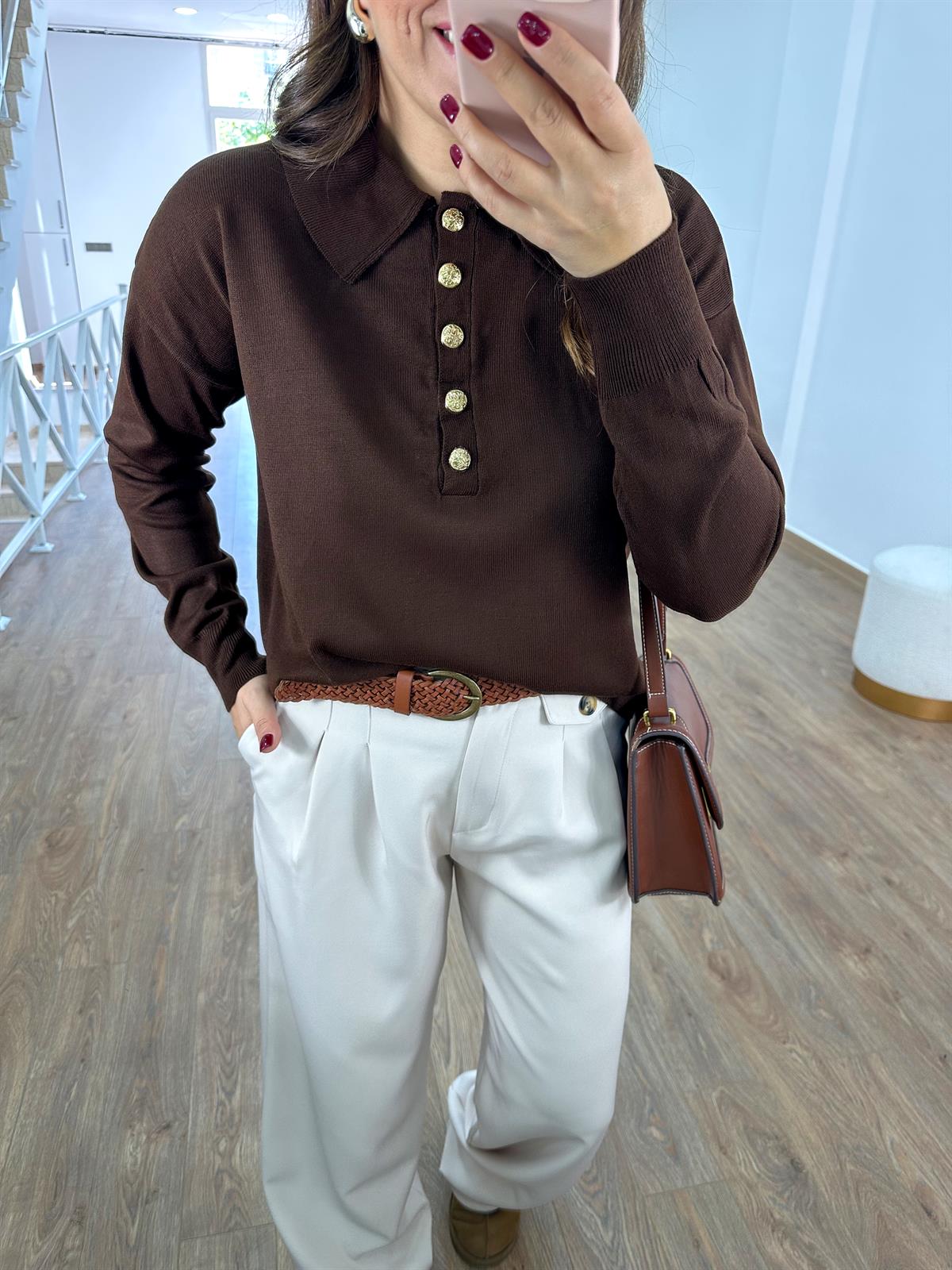 Gold Düğmeli Polo Yaka Triko-Kahverengi