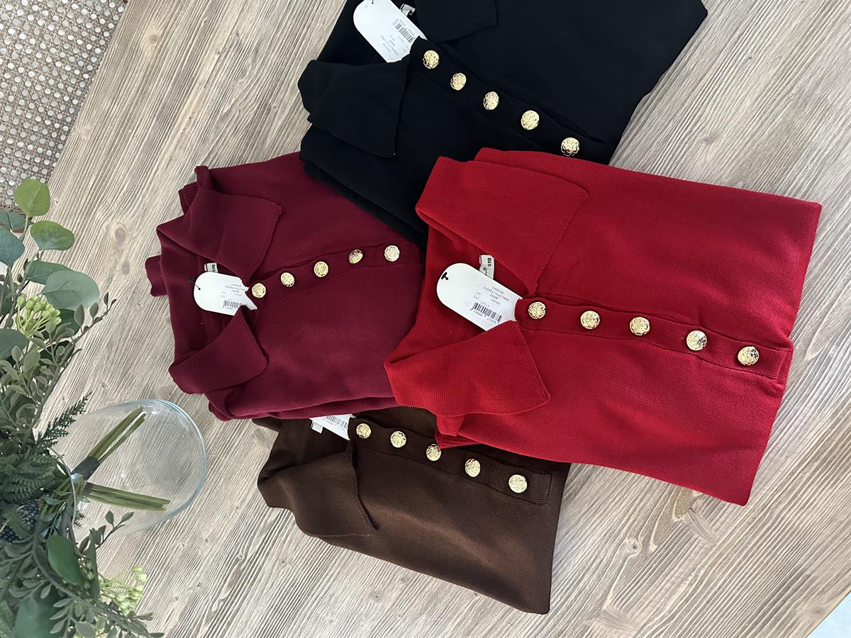 Gold Düğmeli Polo Yaka Triko-Kahverengi