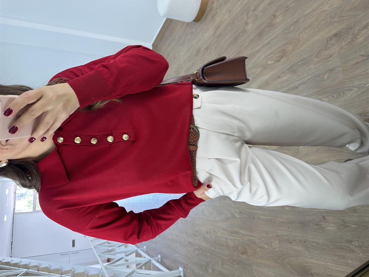 Gold Düğmeli Polo Yaka Triko-Kırmızı
