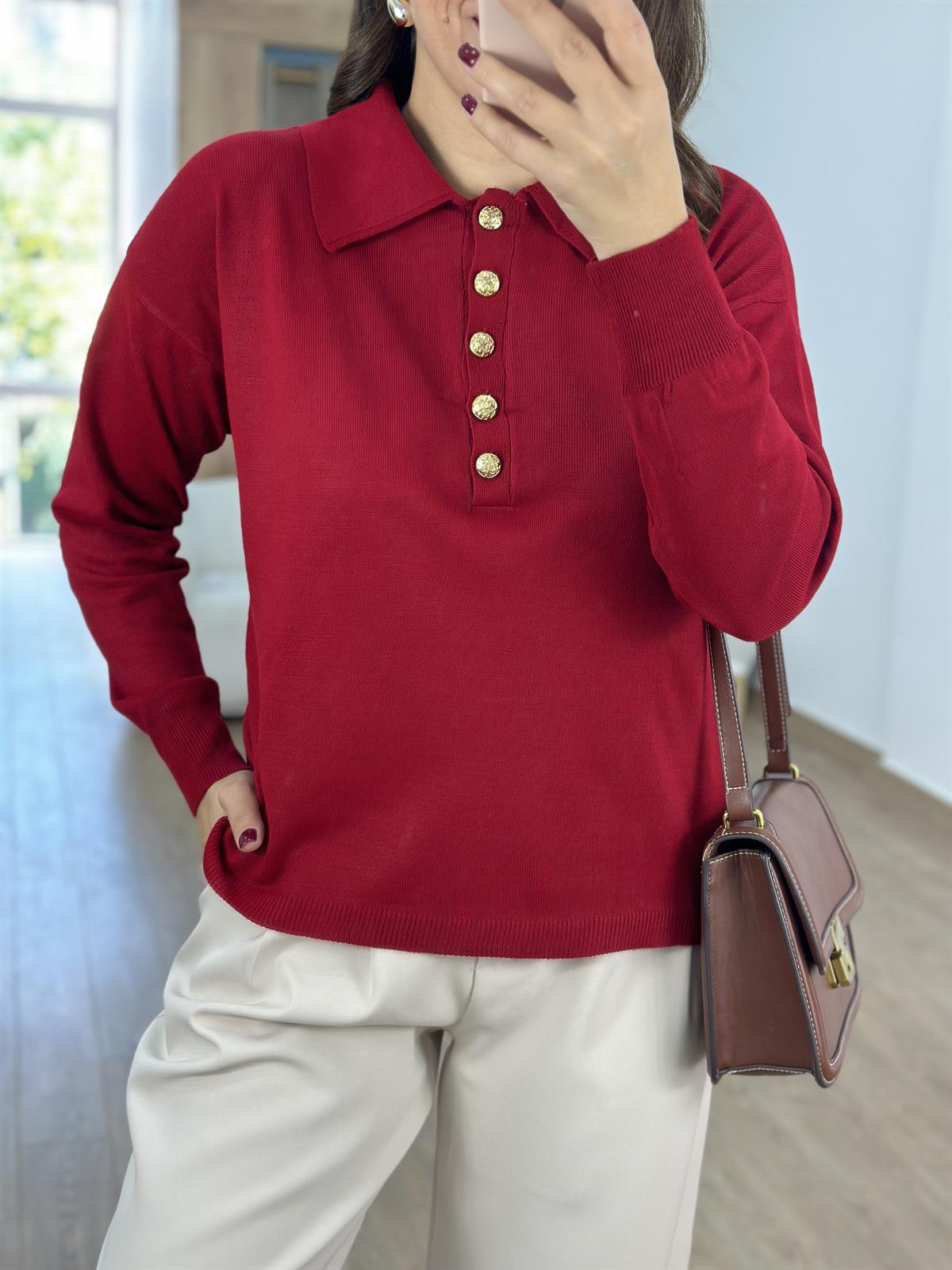 Gold Düğmeli Polo Yaka Triko-Kırmızı