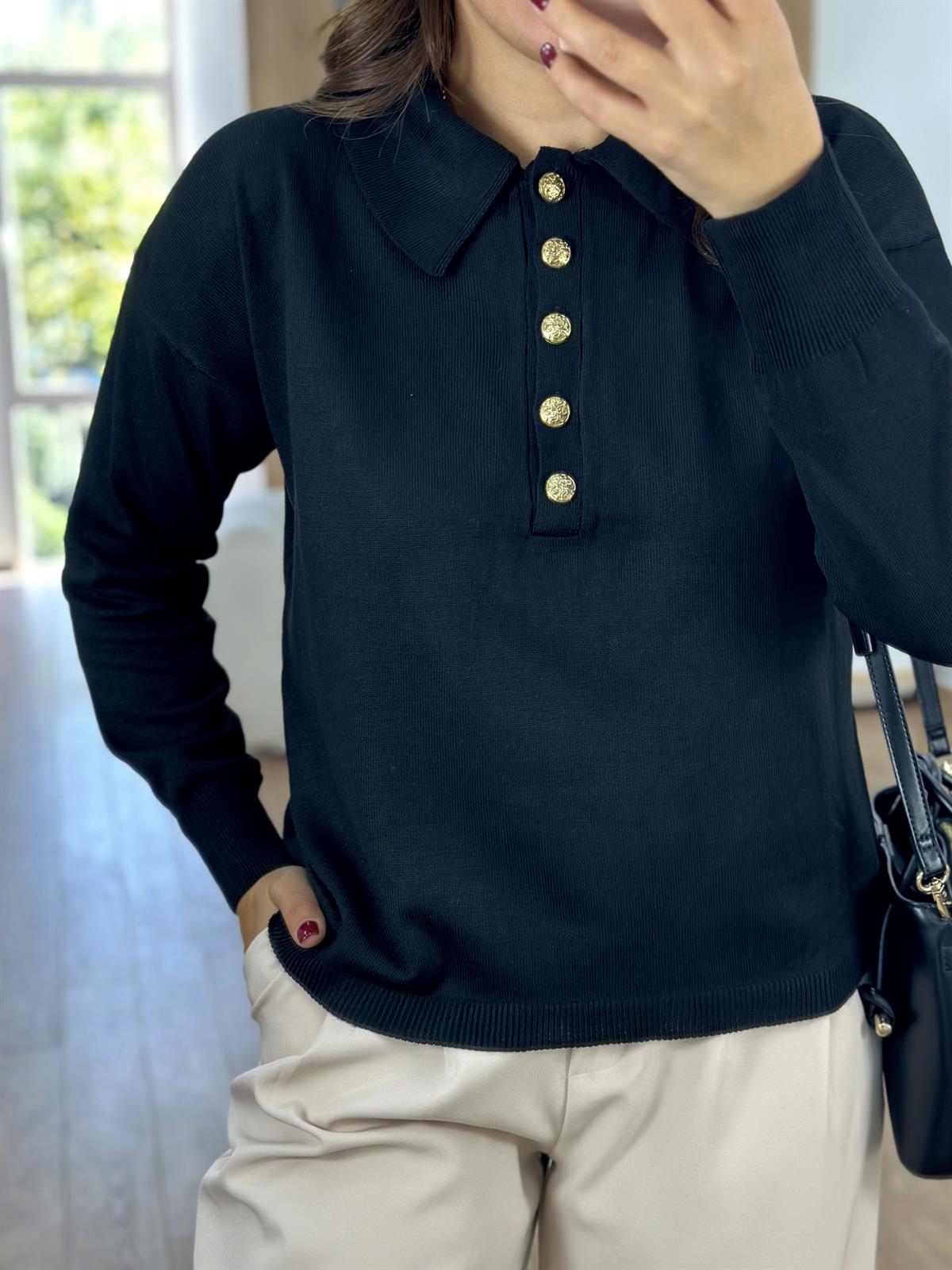 Gold Düğmeli Polo Yaka Triko-Siyah
