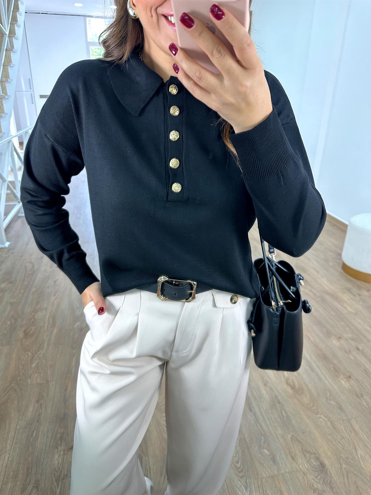 Gold Düğmeli Polo Yaka Triko-Siyah