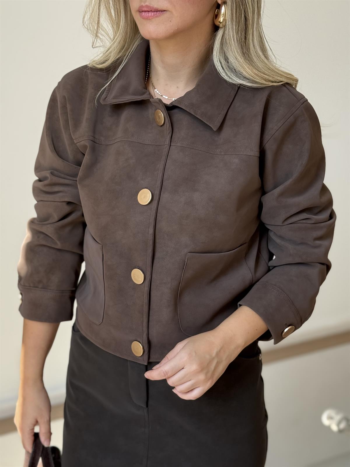 Gold Düğmeli Premium Süet Ceket - Acı Kahve 