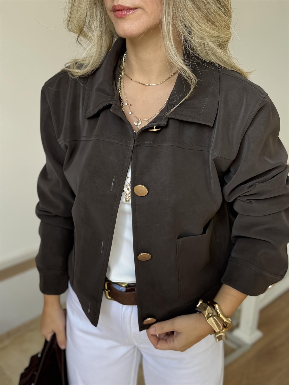 Gold Düğmeli Premium Süet Ceket - Koyu Kahve