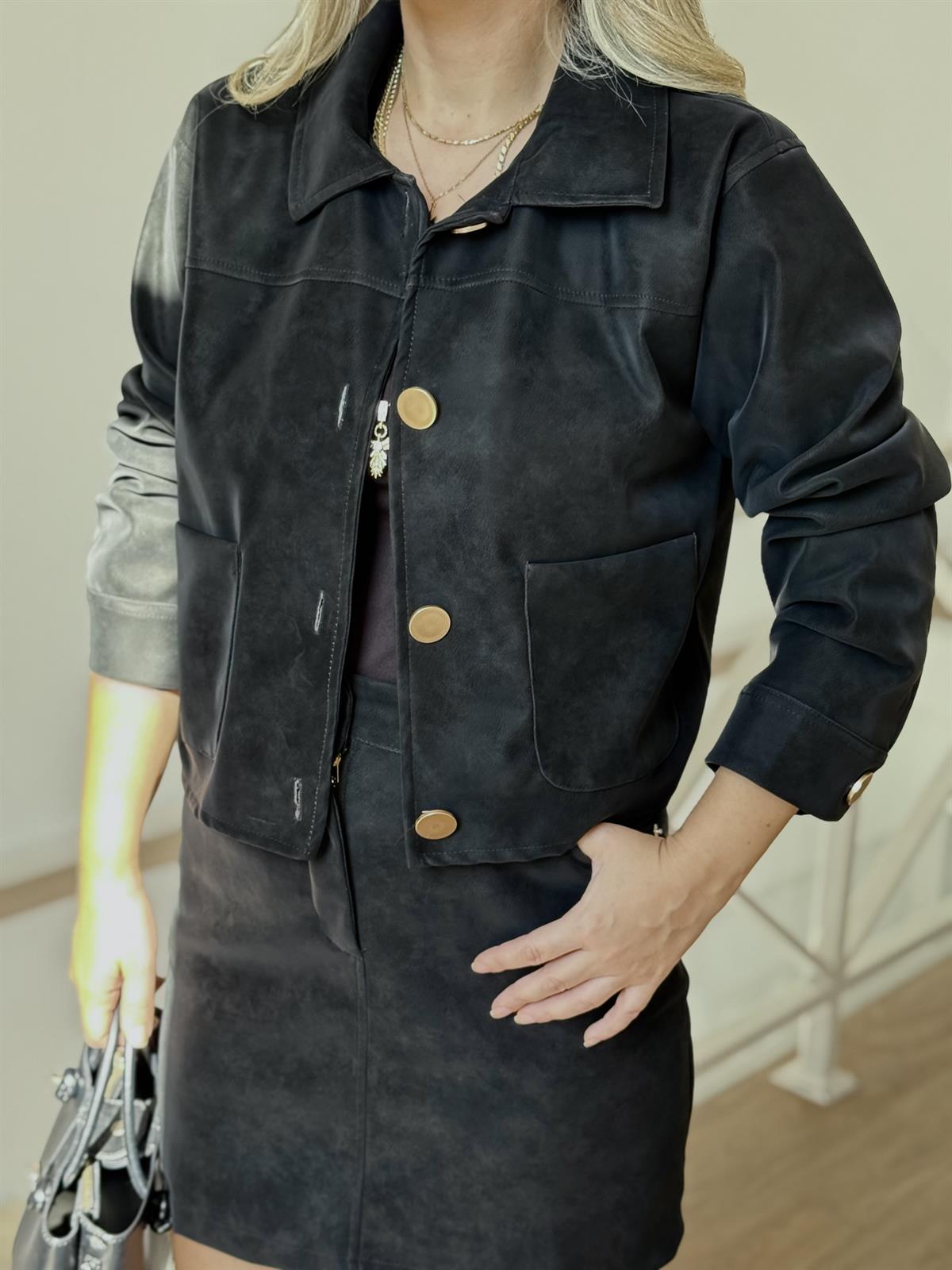 Gold Düğmeli Premium Süet Ceket - Siyah