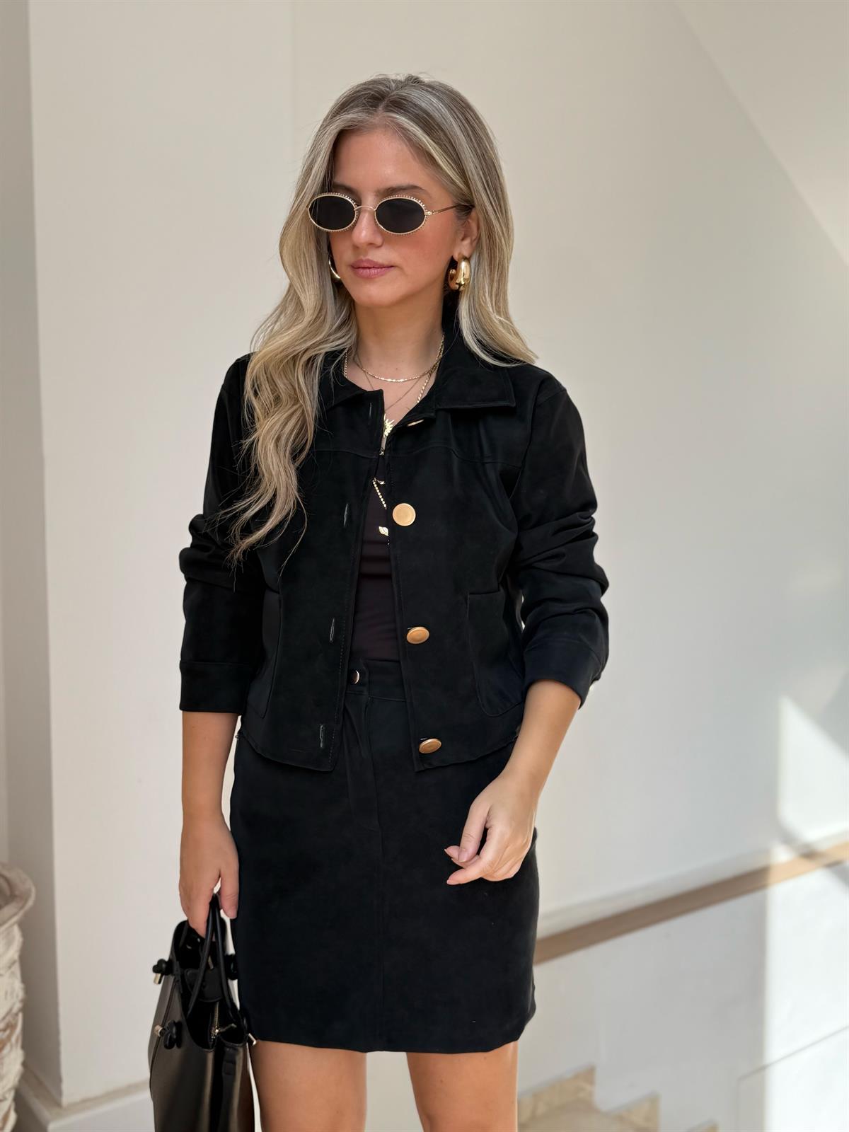 Gold Düğmeli Premium Süet Ceket - Siyah