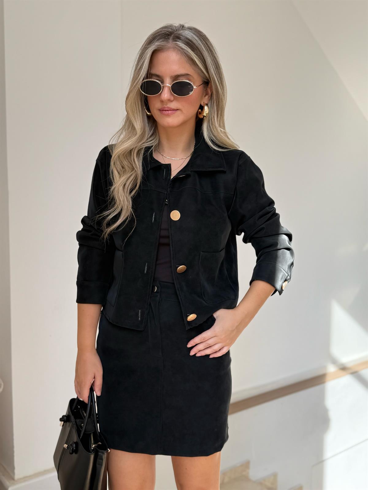 Gold Düğmeli Premium Süet Ceket - Siyah