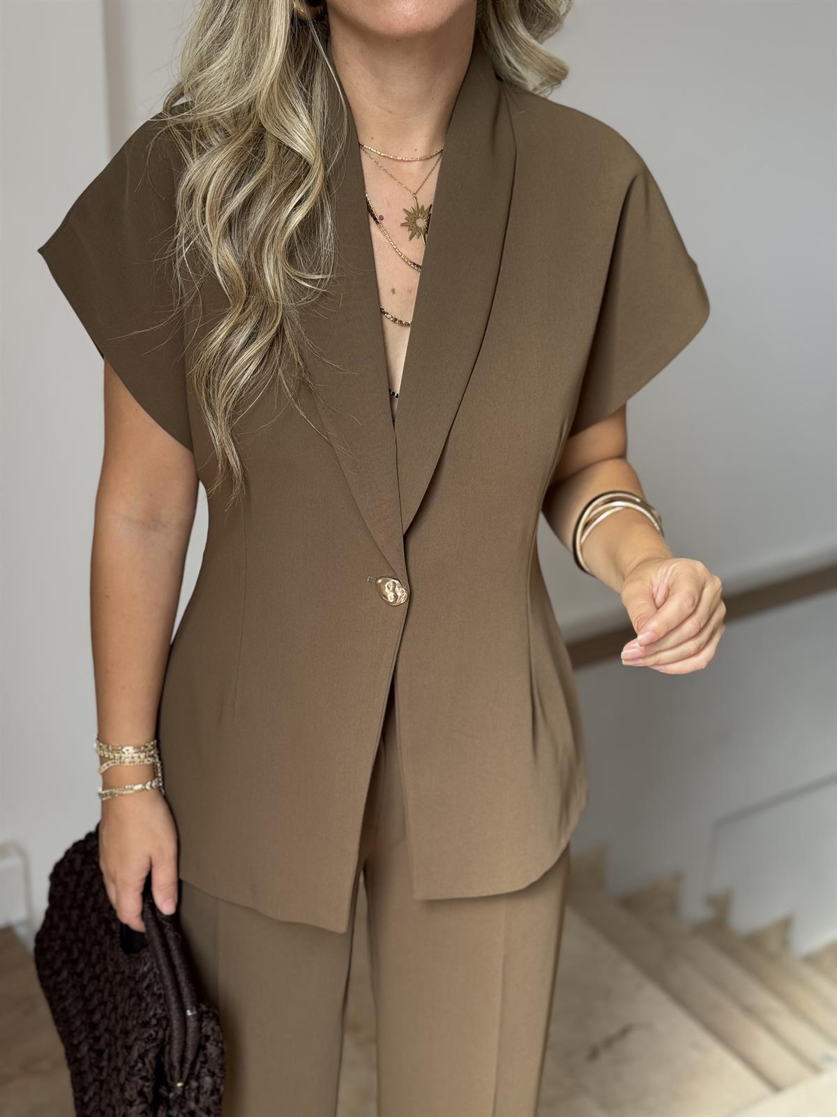 Şal Yaka Gold Düğmeli Premium Takım - Haki 