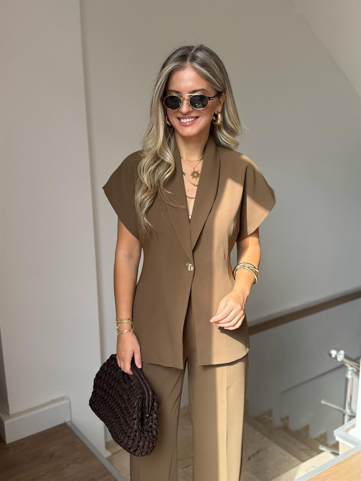 Şal Yaka Gold Düğmeli Premium Takım - Haki 